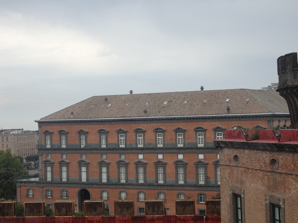 Southwest side of the Castel Nuovo castle with the Watch Tower and the northeast side of the Royal Palace of Naples, viewed from the northwest side of the roof