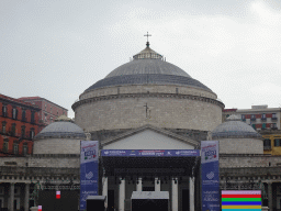 Front of the Basilica Reale Pontificia San Francesco da Paola church and stage for the May 1 celebrations at the Piazza del Plebiscito square