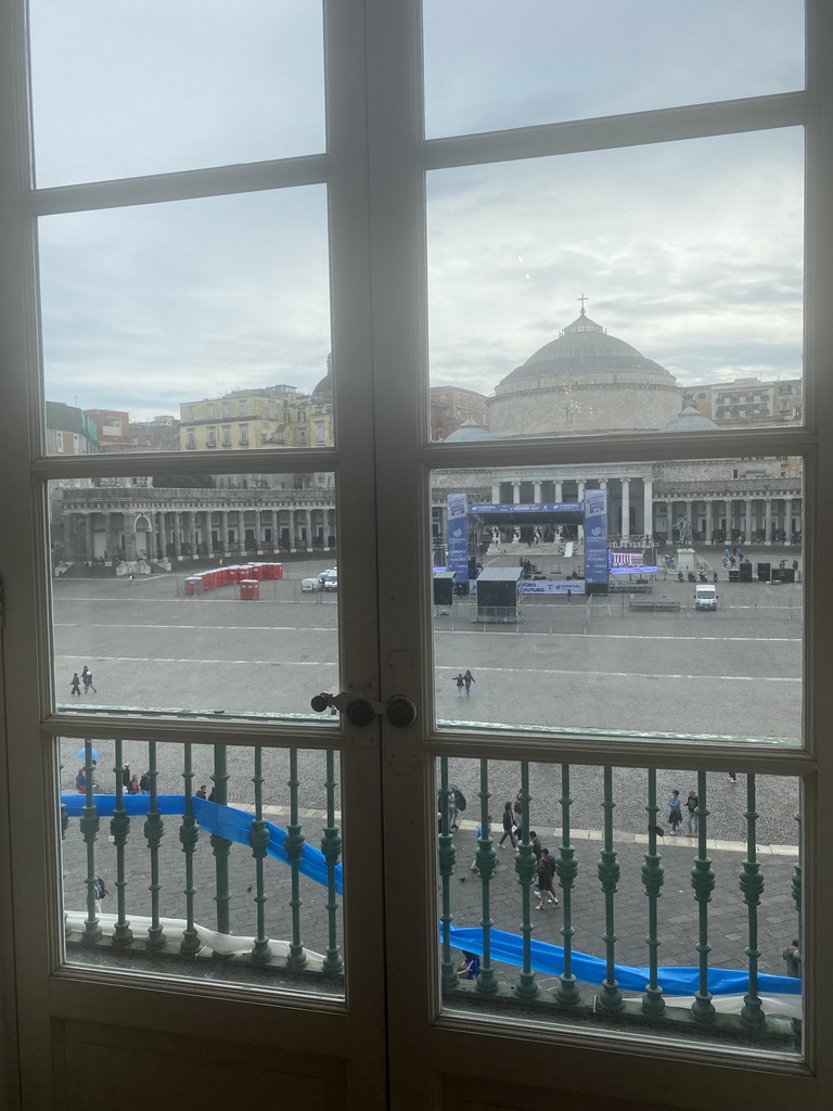 The Piazza del Plebiscito square with the front of the Basilica Reale Pontificia San Francesco da Paola church and stage for the May 1 celebrations, viewed from the Royal Palace of Naples