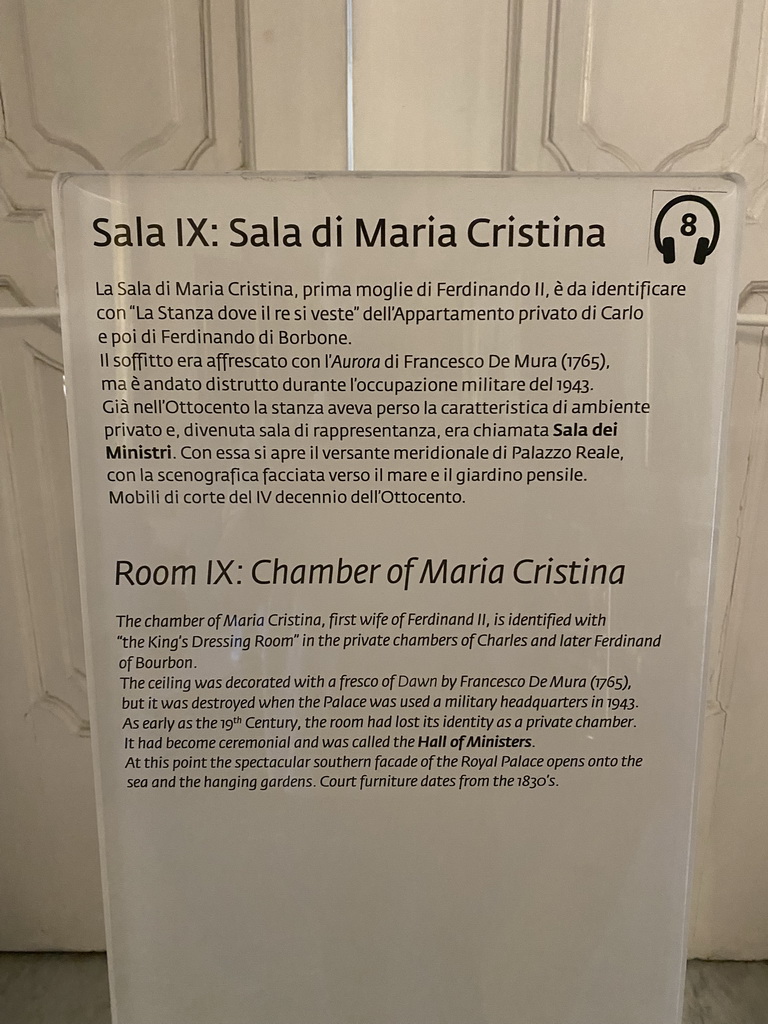 Information on the Chamber of Maria Cristina at the Royal Palace of Naples