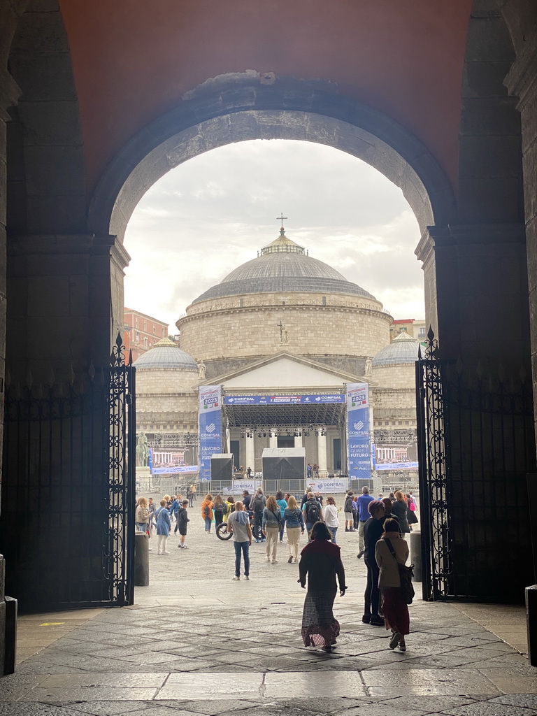 The front of the Basilica Reale Pontificia San Francesco da Paola church and stage for the May 1 celebrations at the Piazza del Plebiscito square, viewed from the inner square of the Royal Palace of Naples