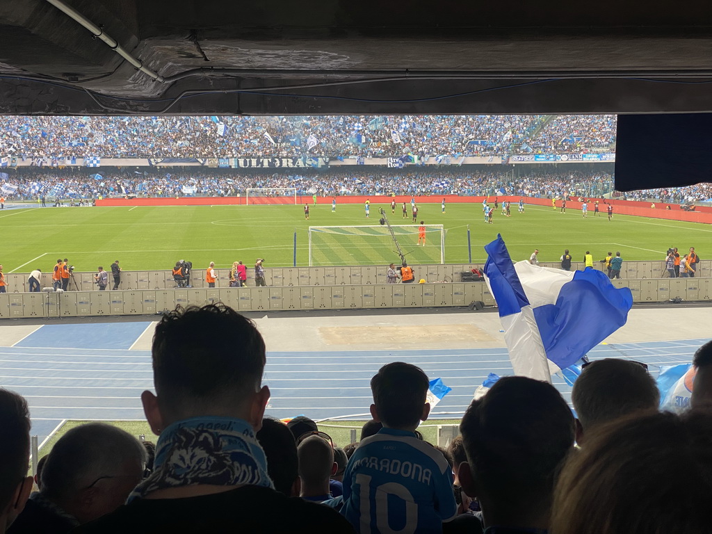 Players on the pitch at the Stadio Diego Armando Maradona stadium, viewed from the Curva A Inferiore grandstand, during the football match SSC Napoli - Salernitana