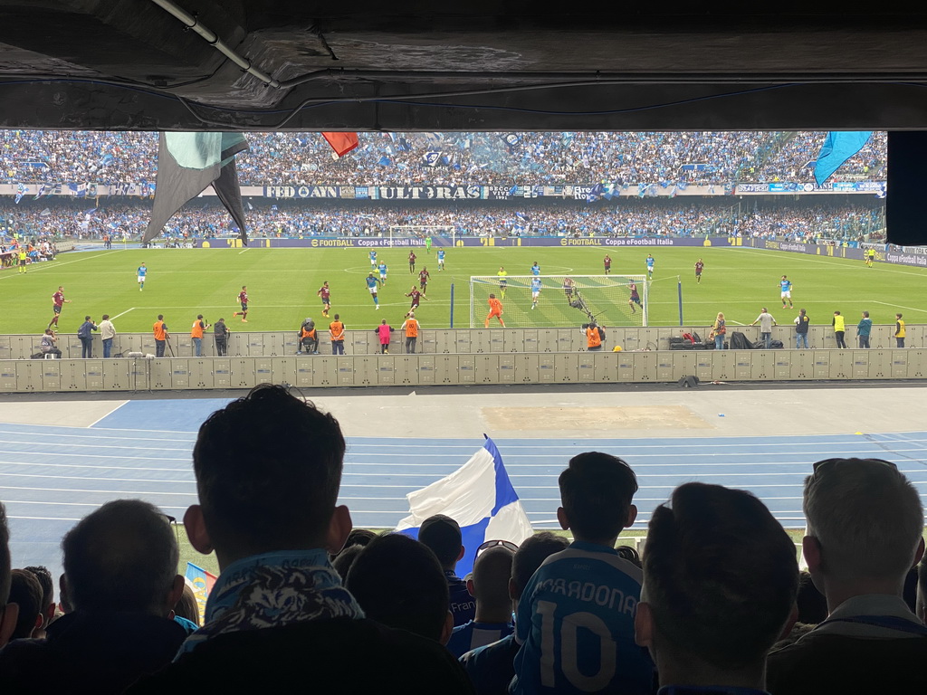 Players on the pitch at the Stadio Diego Armando Maradona stadium, viewed from the Curva A Inferiore grandstand, during the football match SSC Napoli - Salernitana