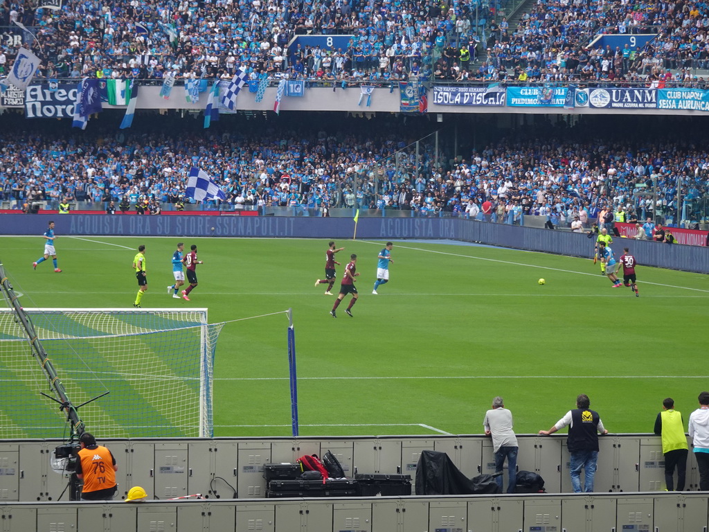 Players on the pitch at the Stadio Diego Armando Maradona stadium, viewed from the Curva A Inferiore grandstand, during the football match SSC Napoli - Salernitana