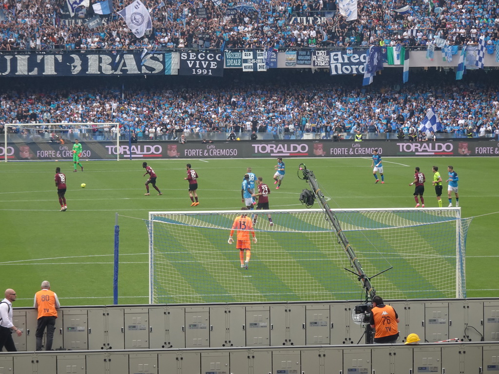 Players on the pitch at the Stadio Diego Armando Maradona stadium, viewed from the Curva A Inferiore grandstand, during the football match SSC Napoli - Salernitana