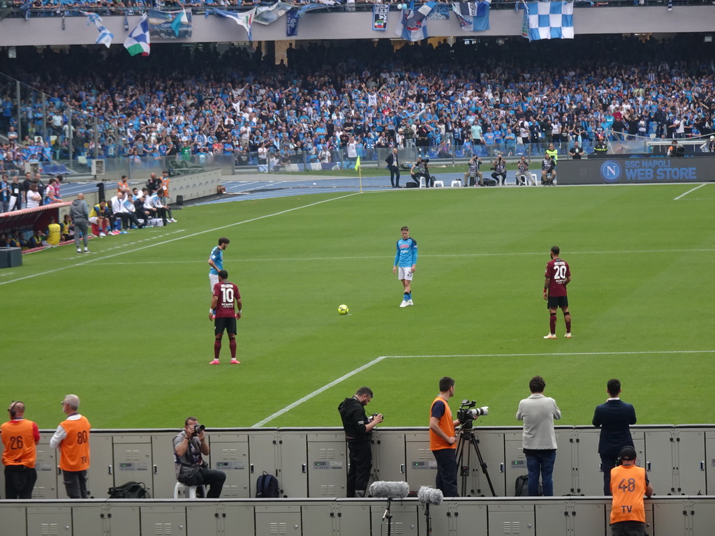 SSC Napoli taking a free kick at the Stadio Diego Armando Maradona stadium, viewed from the Curva A Inferiore grandstand, during the football match SSC Napoli - Salernitana