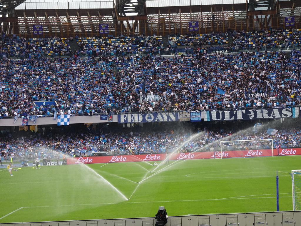 Sprinklers on the pitch at the Stadio Diego Armando Maradona stadium, viewed from the Curva A Inferiore grandstand, during halftime at the football match SSC Napoli - Salernitana