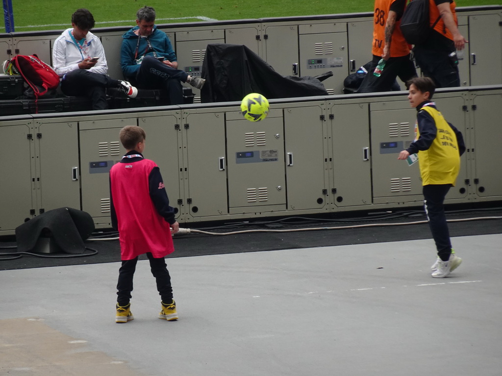 Ball boys at the Stadio Diego Armando Maradona stadium, viewed from the Curva A Inferiore grandstand, during halftime at the football match SSC Napoli - Salernitana