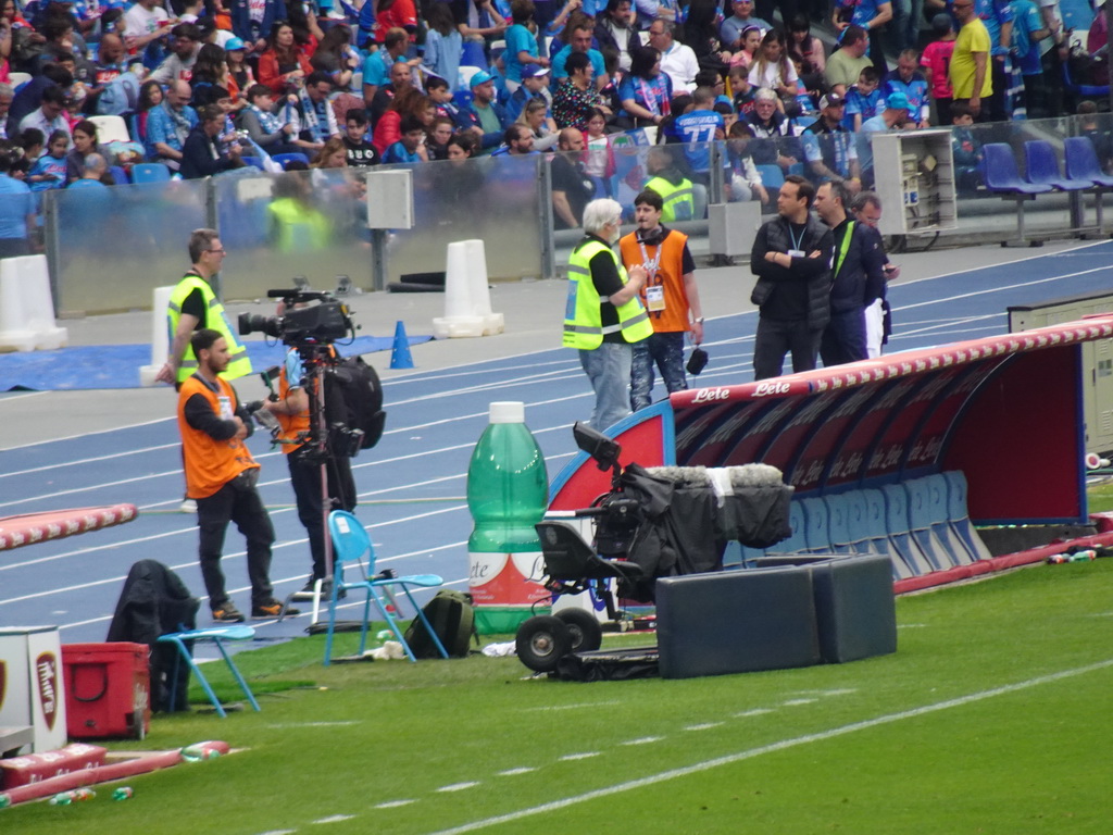 Dugout at the Stadio Diego Armando Maradona stadium, viewed from the Curva A Inferiore grandstand, during halftime at the football match SSC Napoli - Salernitana