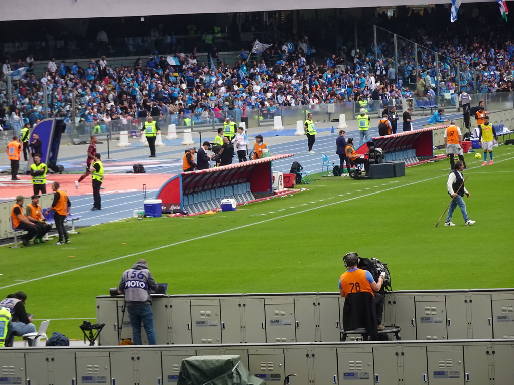 Dugouts at the Stadio Diego Armando Maradona stadium, viewed from the Curva A Inferiore grandstand, during halftime at the football match SSC Napoli - Salernitana