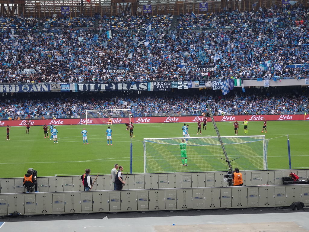 Players on the pitch at the Stadio Diego Armando Maradona stadium, viewed from the Curva A Inferiore grandstand, during halftime at the football match SSC Napoli - Salernitana