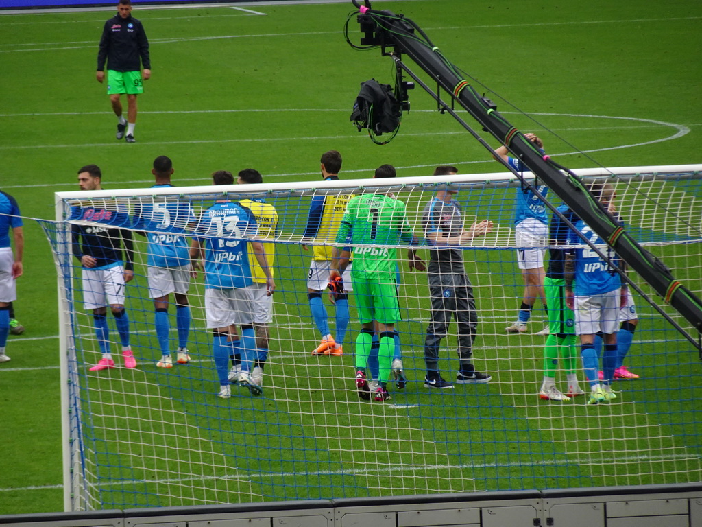 Players on the pitch thanking the crowd at the Stadio Diego Armando Maradona stadium, viewed from the Curva A Inferiore grandstand, right after the football match SSC Napoli - Salernitana