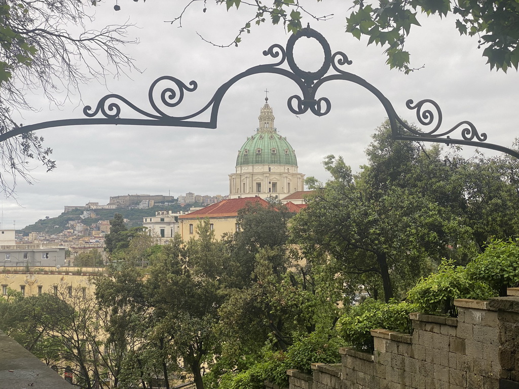 The Basilica dell`Incoronata Madre del Buon Consiglio church and the Vomero Hill with the Castel Sant`Elmo castle and the Museo Nazionale di San Martino museum, viewed from the Gradini Capodimonte staircase