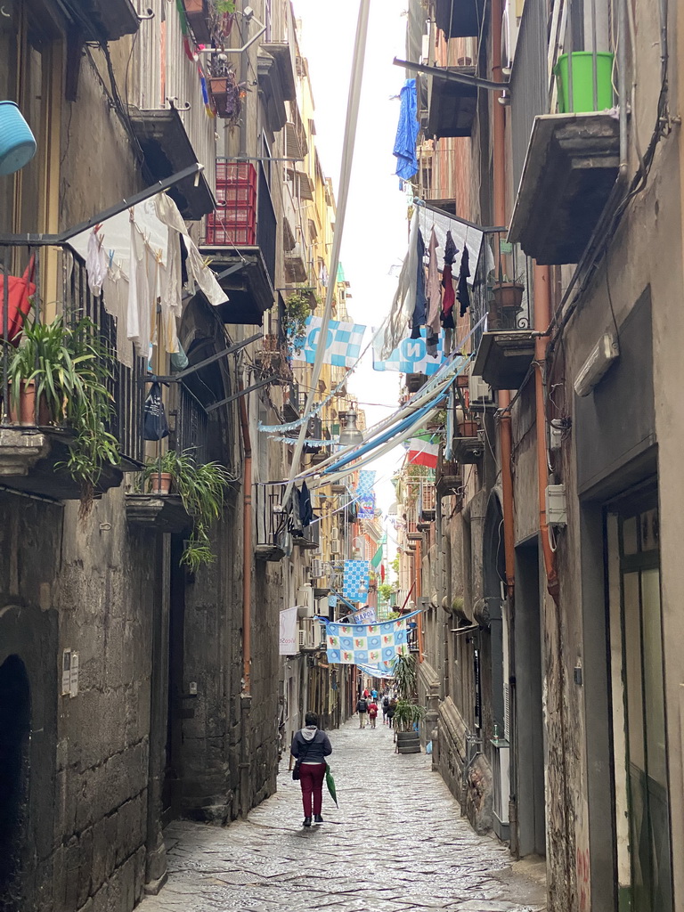 Decorations for SSC Napoli`s third Italian championship at the Via Sapienza street, viewed from the Largo Regina Coeli square