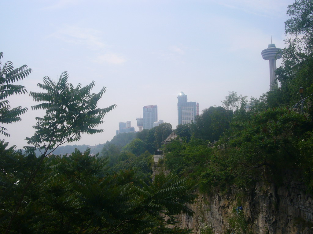 View on Niagara Falls city, with the Skylon Tower and some hotels, from the entrance building to the Maid of the Mist