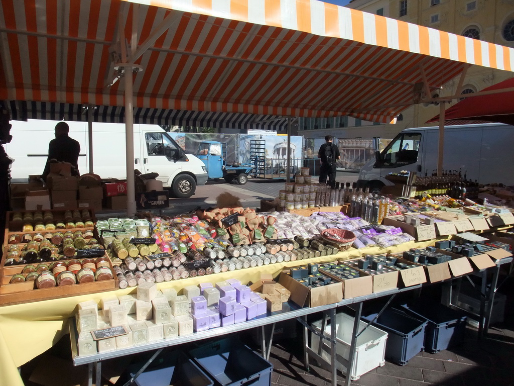 Market stall with soaps at the Marché aux Fleurs market at the Cours Saleya street, at Vieux-Nice