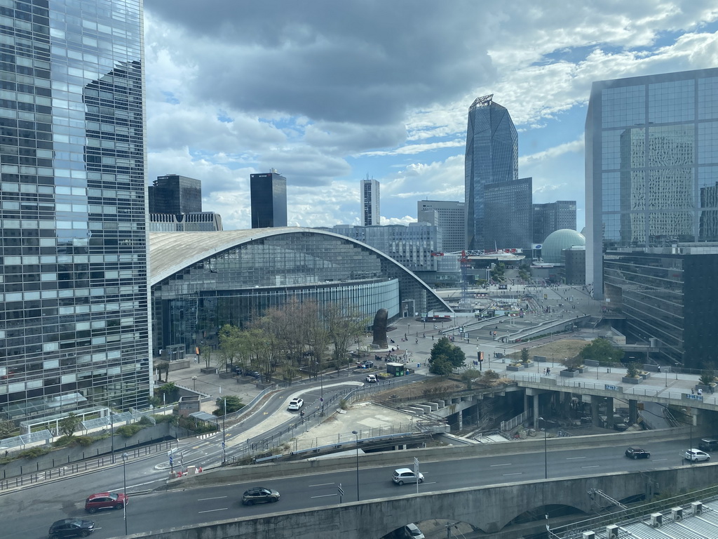 The Parvis de la Défense square with the Tour Sequoia tower, the CNIT shopping mall, the Le Pouce statue, the Westfield Les 4 Temps shopping mall, the Tour Hekla tower and the Grande Arche de la Défense building, viewed from the window of our room at the Pullman Paris La Défense hotel