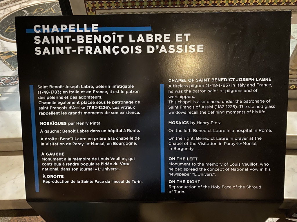 Information on the Chapel of Saint Benedict Joseph Labre and Saint Francis of Assisi at the Basilique du Sacré-Coeur church