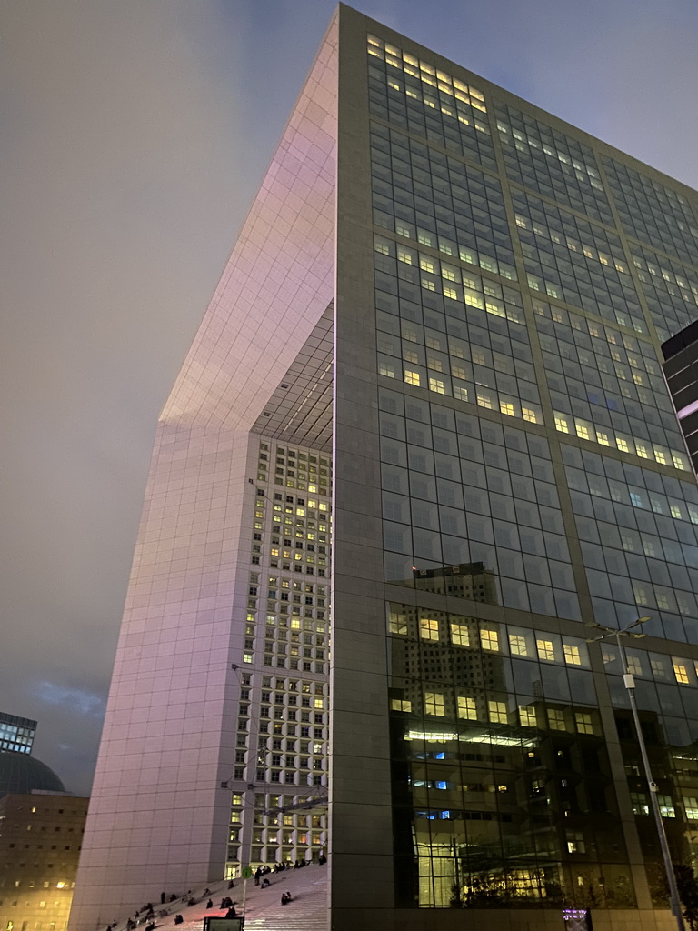 East side of the Grande Arche de la Défense building at the Parvis de la Défense square, by night