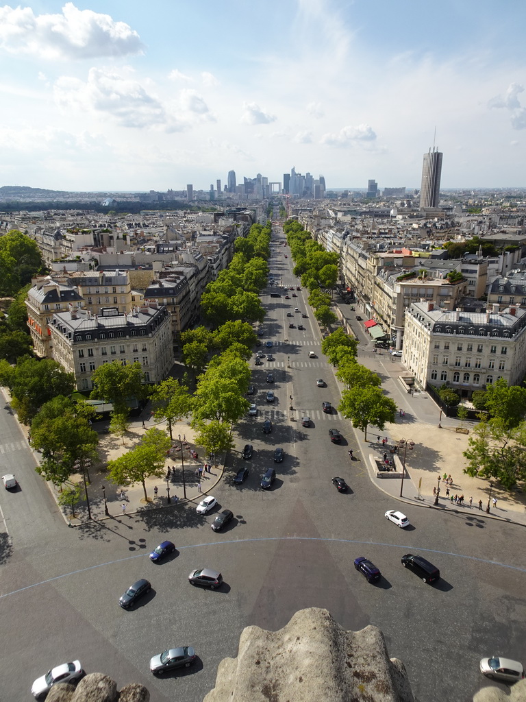 The Place Charles de Gaulle square, the Avenue de la Grande Armée, the La Défense district with the Grande Arche de la Défense building and the Hyatt Regency Paris Étoile hotel, viewed from the roof of the Arc de Triomphe