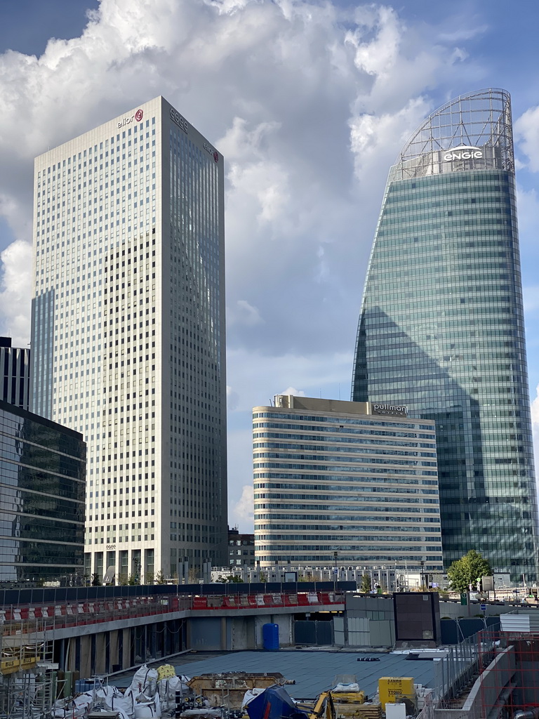 Front of the Pullman Paris La Défense hotel and skyscrapers at the Avenue de l`Arche, viewed from the Parvis de la Défense square