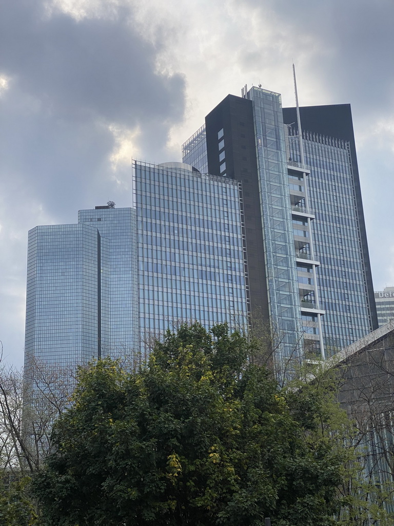 Front of the Pullman Paris La Défense hotel and skyscrapers at the Avenue de l`Arche, viewed from the Parvis de la Défense square