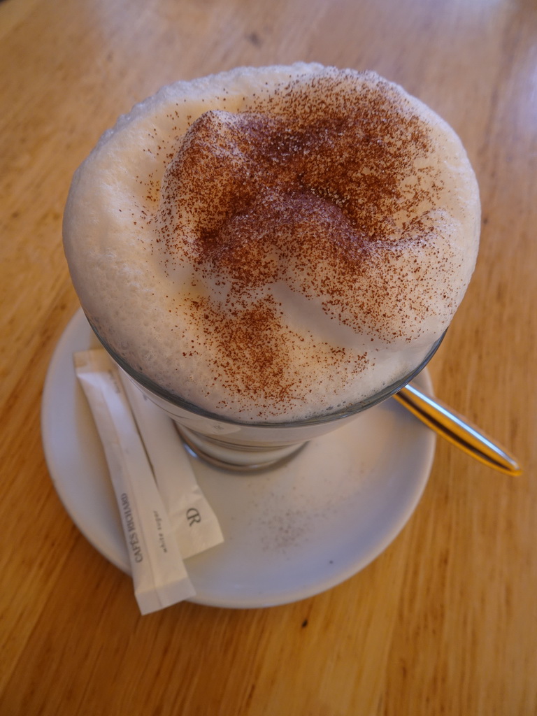 Cappuccino at the Crêperie restaurant at the Rue Soufflot street