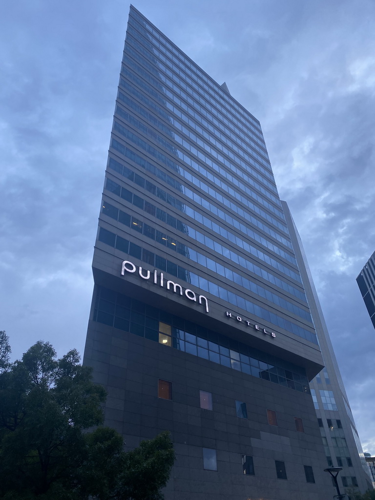 Front of the Pullman Paris La Défense hotel at the Avenue de l`Arche, at sunset