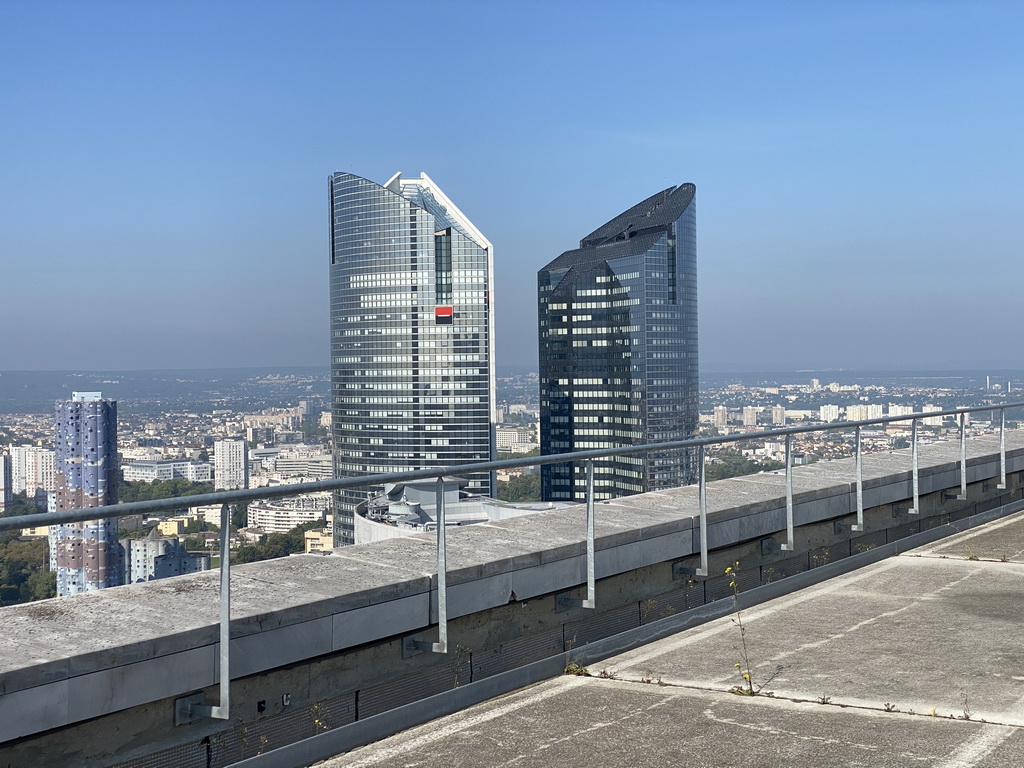 The observation deck at the top floor of the Grande Arche de la Défense building, with a view on the Tours Société Générale towers