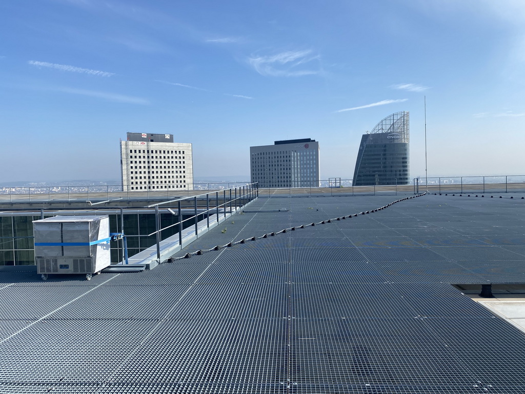 The observation deck at the top floor of the Grande Arche de la Défense building, with a view on the skyscrapers at the La Défense district