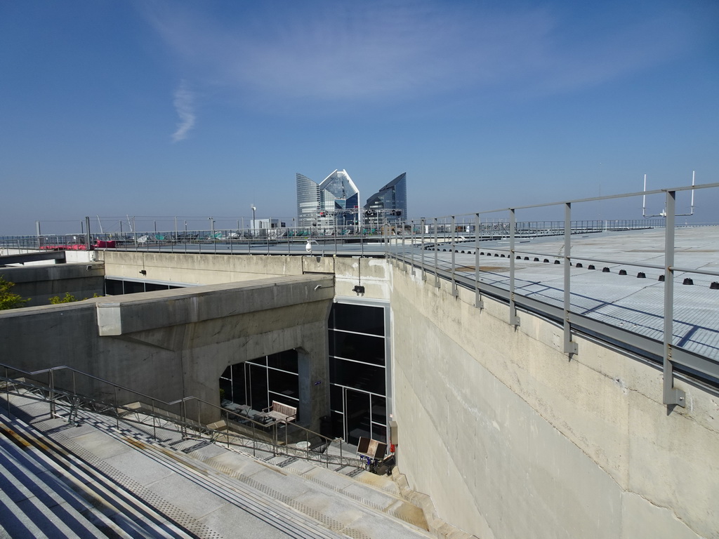 The observation deck at the top floor of the Grande Arche de la Défense building, with a view on the Tours Société Générale towers