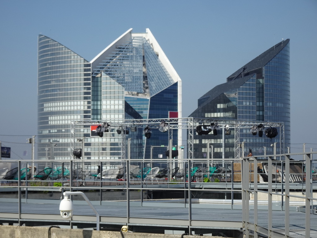 The observation deck at the top floor of the Grande Arche de la Défense building, with a view on the Tours Société Générale towers