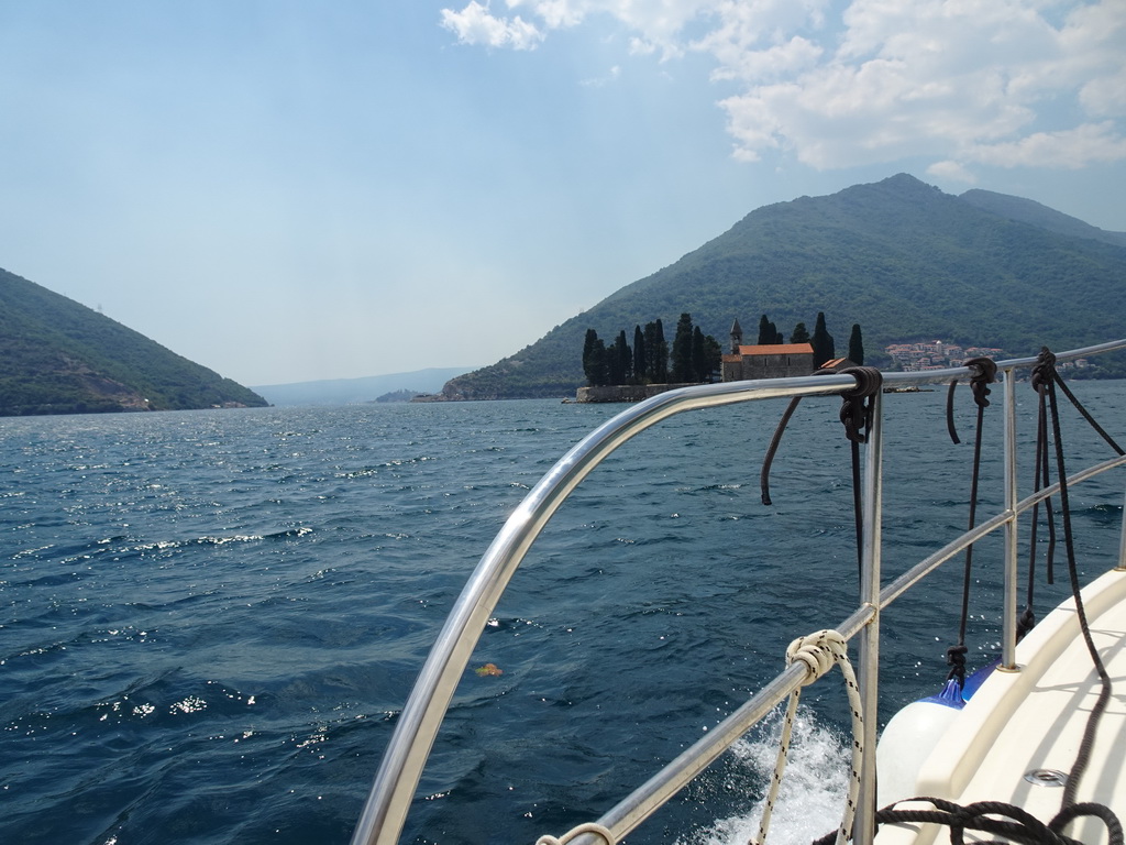 The Bay of Kotor with the Saint George Island and the town of Kostanjica, viewed from the parking lot at the west side of the town