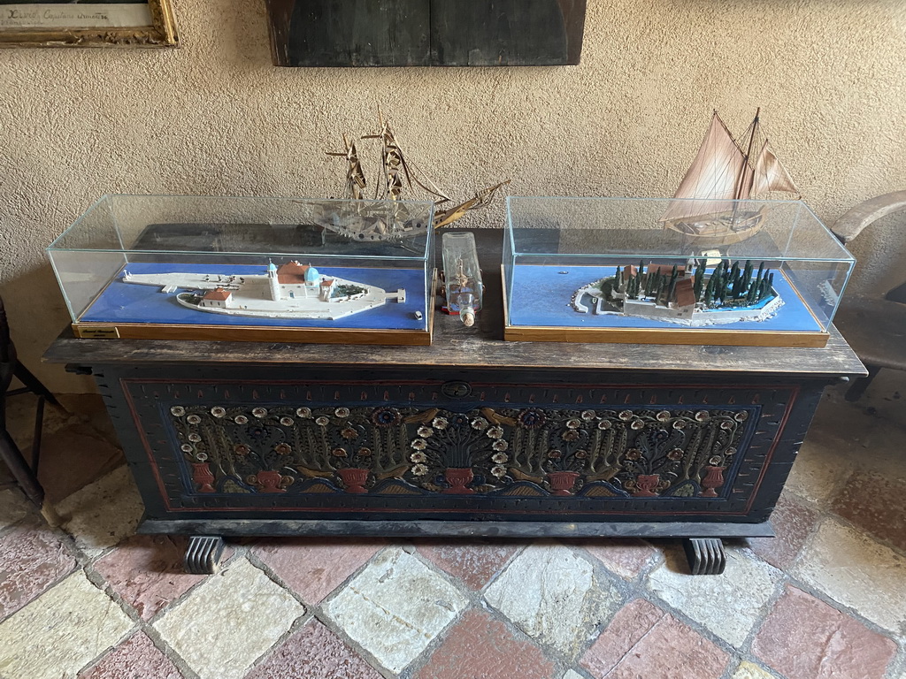 Scale models of boats, the Our Lady of the Rocks Island and the Saint George Island, at the ground floor of the museum at the Church of Our Lady of the Rocks at the Our Lady of the Rocks Island