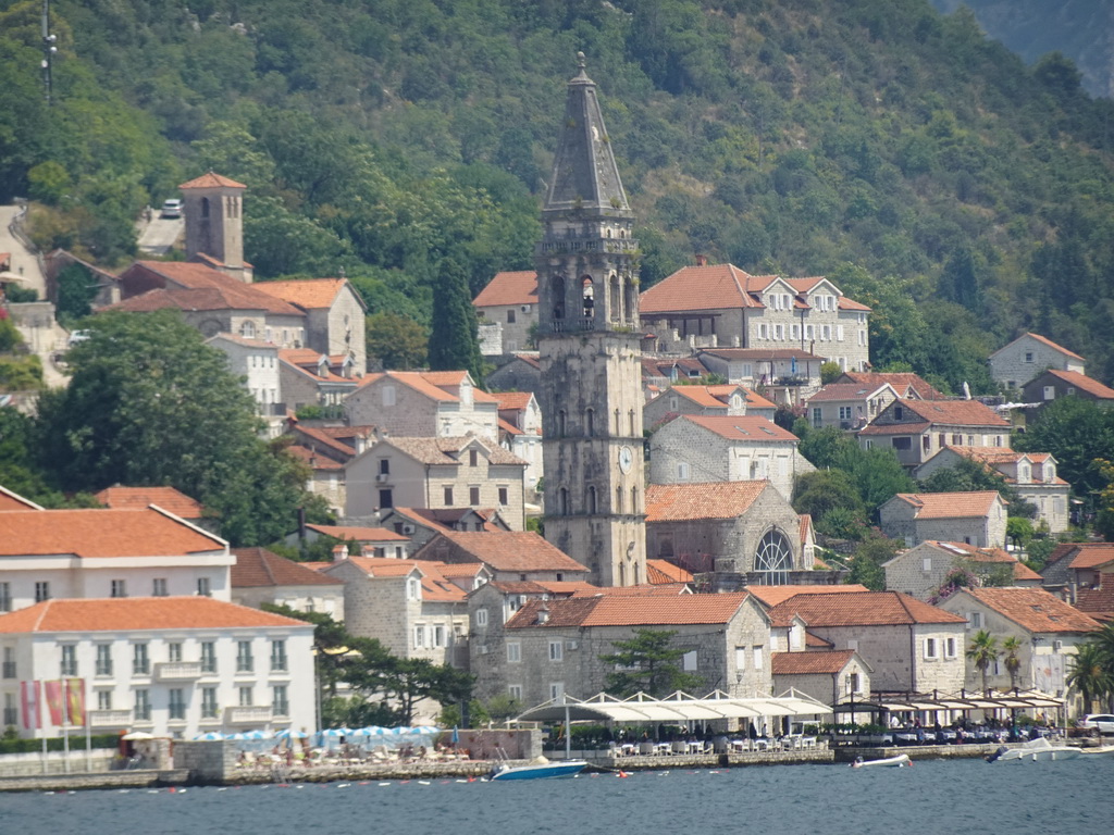 The town center with the Church of Saint Nicholas, viewed from the upper floor of the museum at the Church of Our Lady of the Rocks at the Our Lady of the Rocks Island