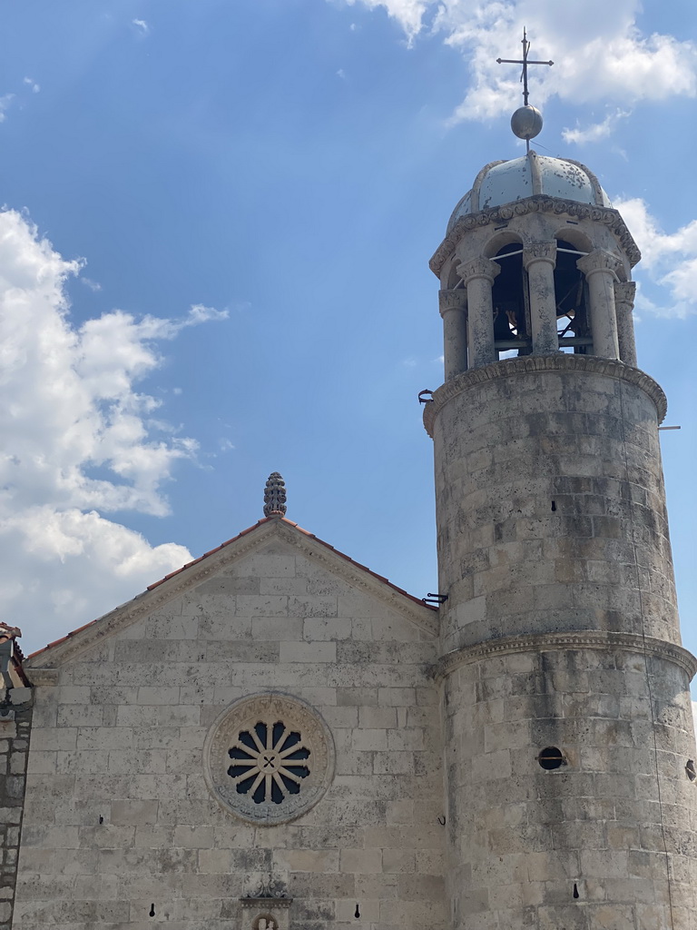 Northwest facade and tower of the Church of Our Lady of the Rocks at the Our Lady of the Rocks Island