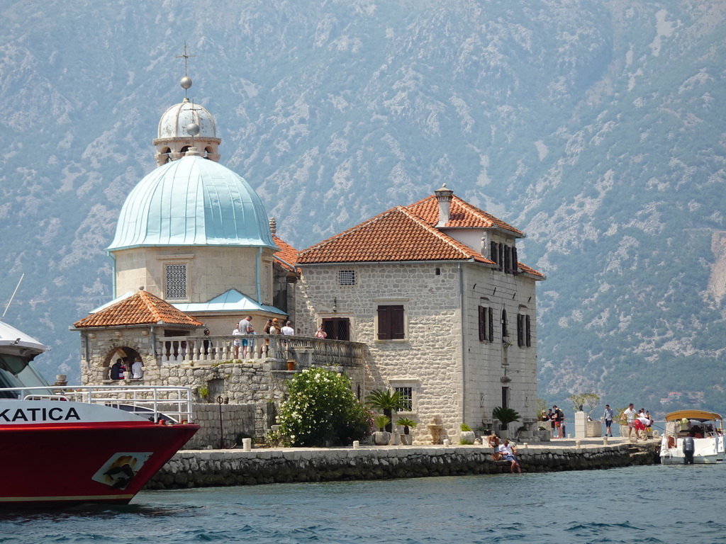 The Our Lady of the Rocks Island and boats, viewed from the ferry from the Our Lady of the Rocks Island to the town center