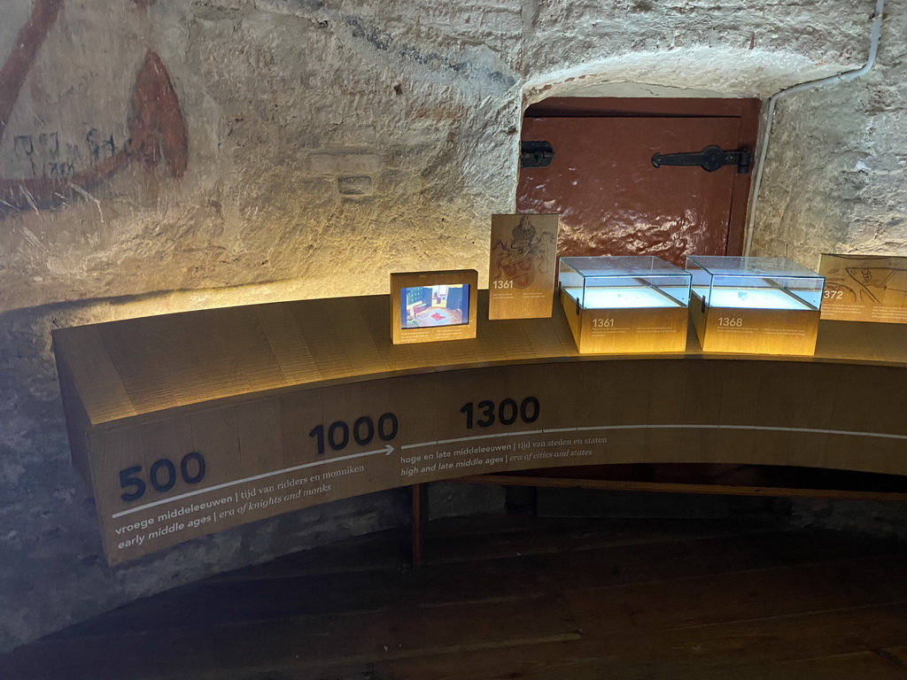 Timeline with items at the ground floor of the Powder Tower at Loevestein Castle