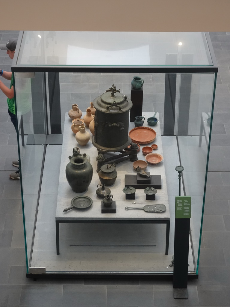 Vases and plates at the museum at the lower floor of the Antiquarium at the Pompeii Archeological Site, viewed from the upper floor