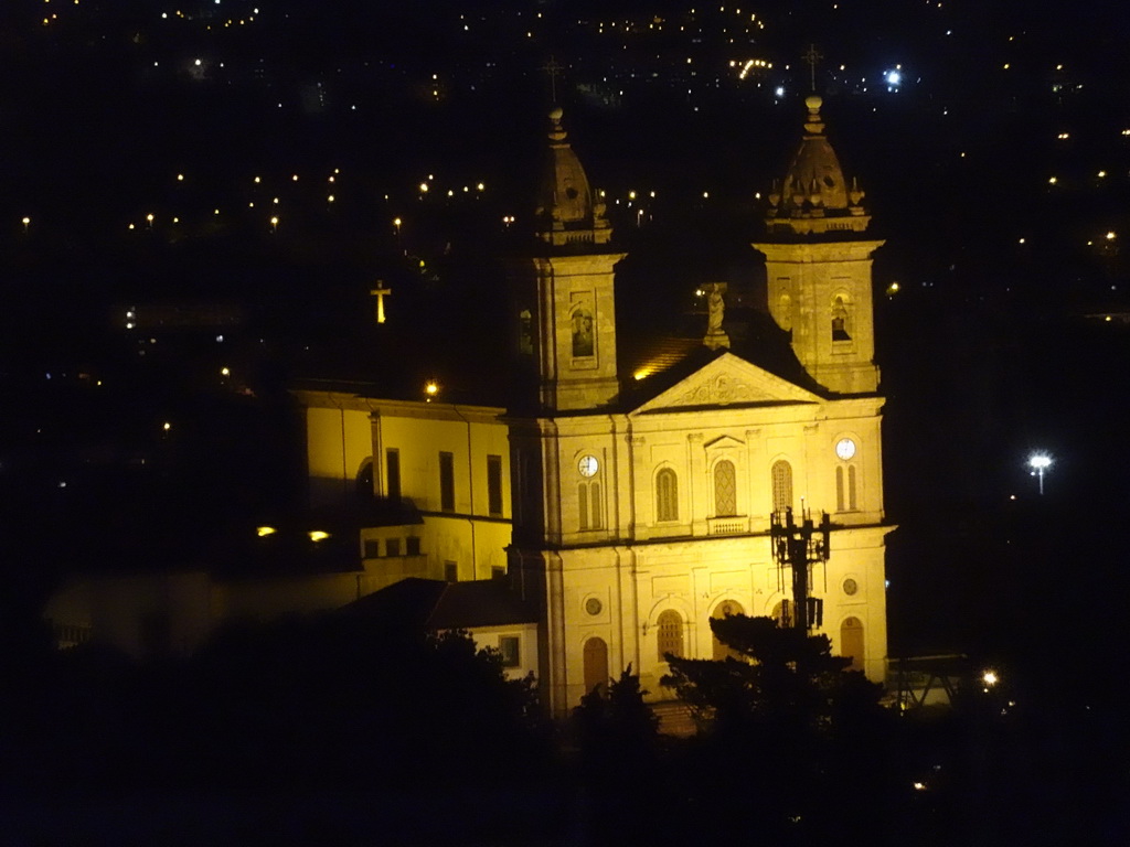 The Igreja Paroquial do Bonfim church, viewed from the fitness room at the Hotel Vila Galé Porto, by night