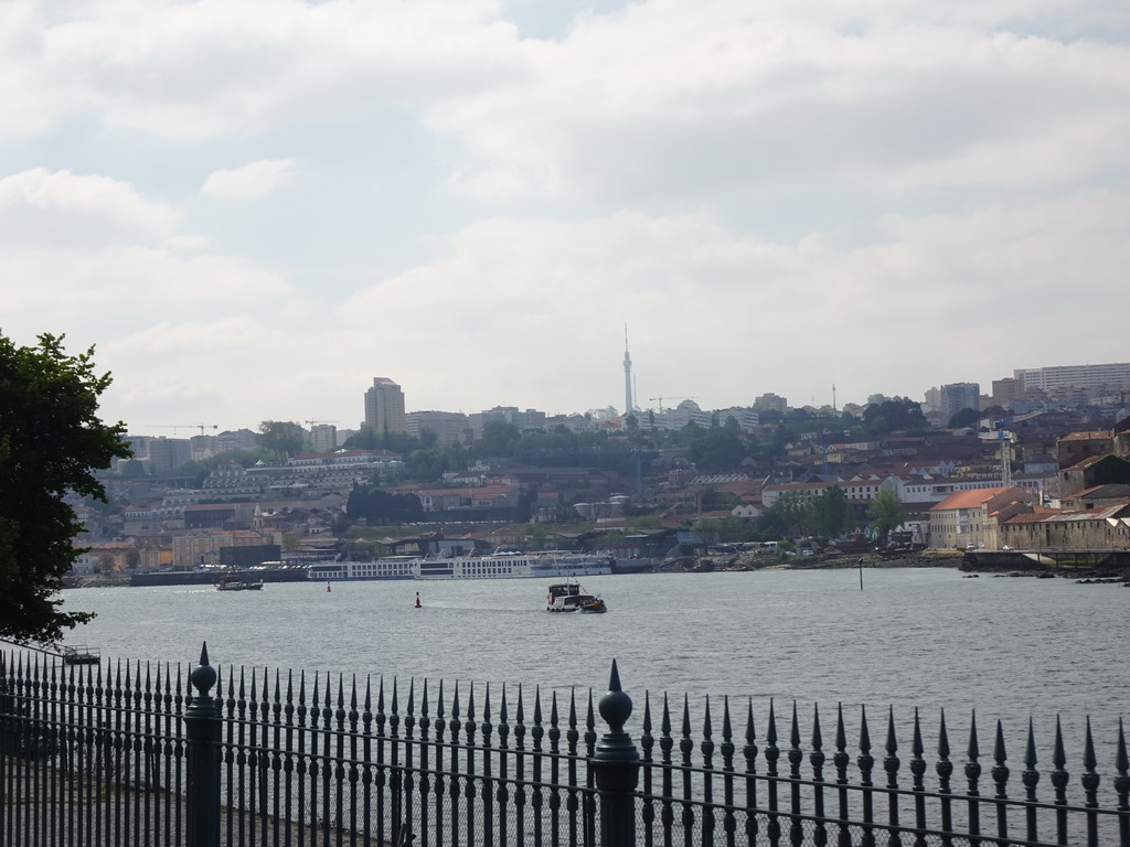 Boats on the Douro river and Vila Nova de Gaia, viewed from the sightseeing bus on the Rua de Monchique street