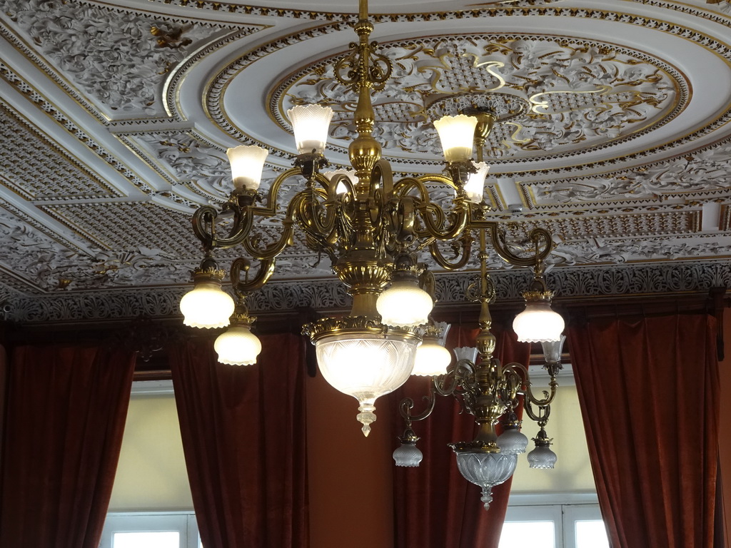 Chandeleers on the ceiling of the Golden Room at the northeast side of the upper floor of the Palácio da Bolsa palace