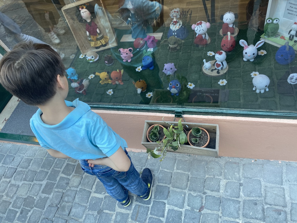 Max with toys in the window of the Ponto Cruz Concept Store at the Rua Arquitecto Nicolau Nasoni street