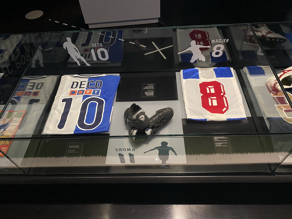 Shirts of Deco and Rabah Madjer and shoes of André at the FC Porto Museum at the Estádio do Dragão stadium, with explanation