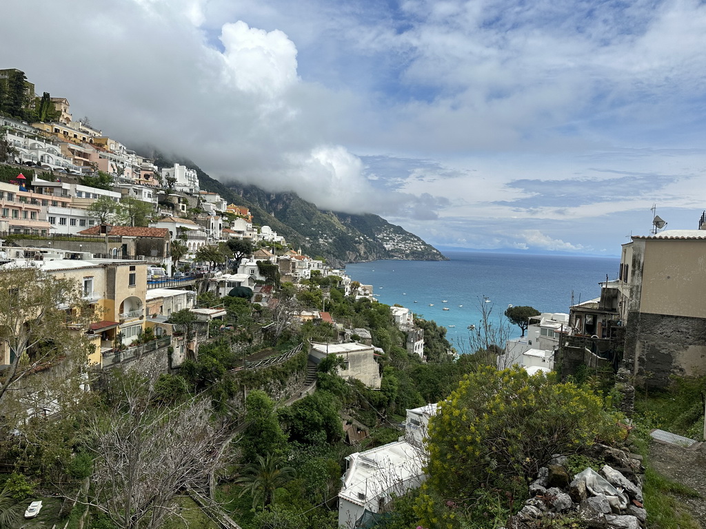 The town center, the town of Praiano and the Tyrrhenian Sea, viewed from the Viale Pasitea street