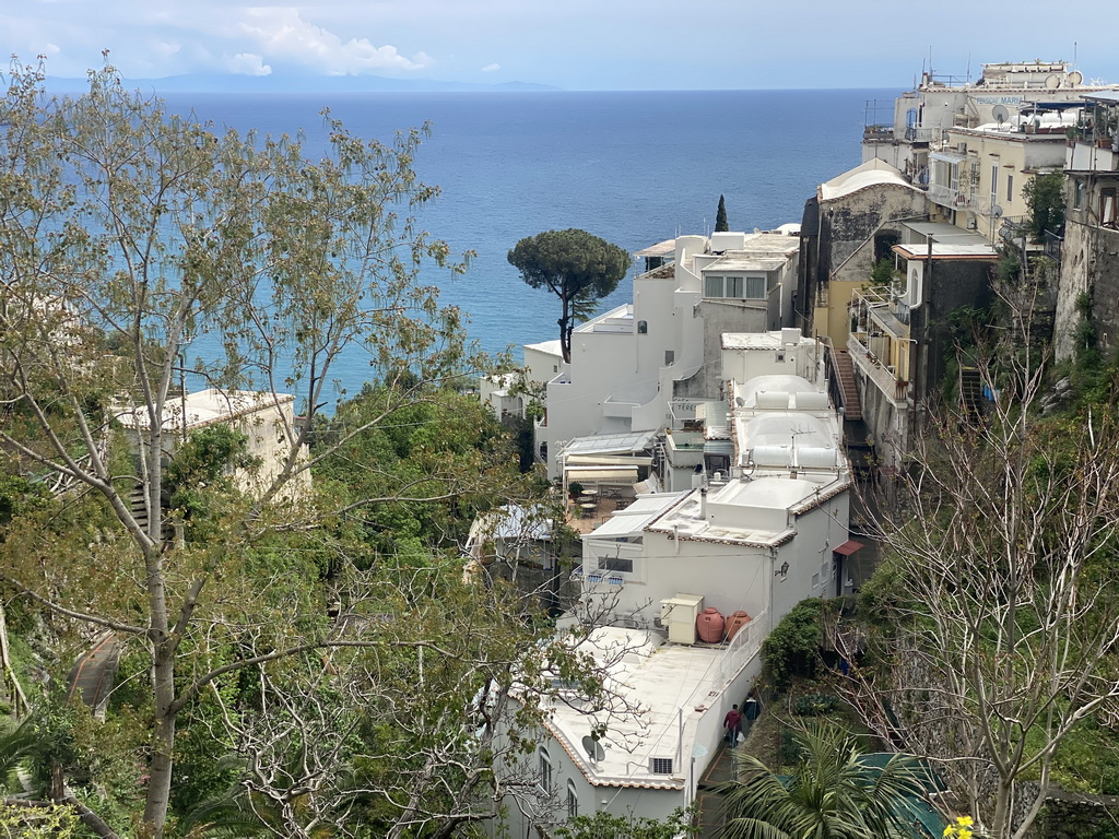 Houses at the town center and the Tyrrhenian Sea, viewed from the Viale Pasitea street