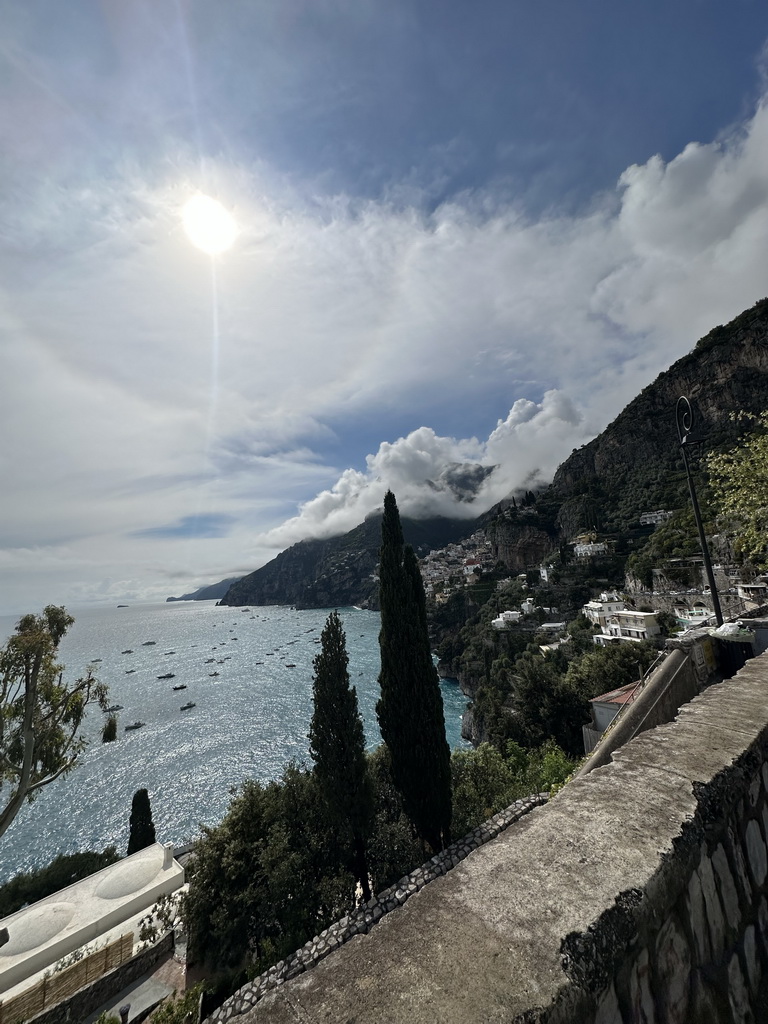 The town center and the Tyrrhenian Sea, viewed from the Amalfi Drive on the east side of town near the Villa TreVille hotel