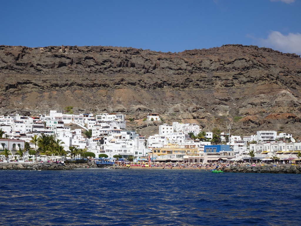 The Playa Puerto De Mogan beach, viewed from the Sagitarius Cat boat