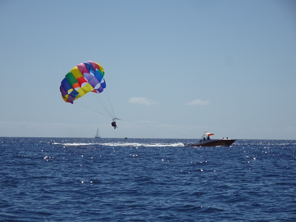 Parasail and boat, viewed from the Sagitarius Cat boat