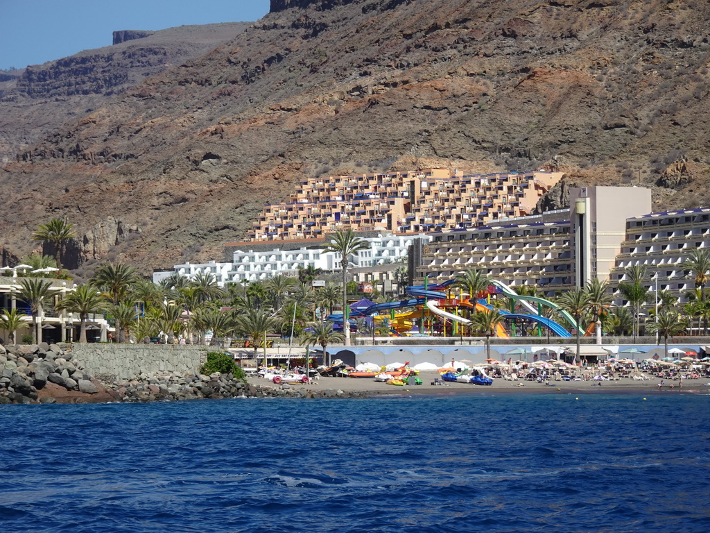 The Lago Taurito Water Park at the Playa del Diablito beach, viewed from the Sagitarius Cat boat